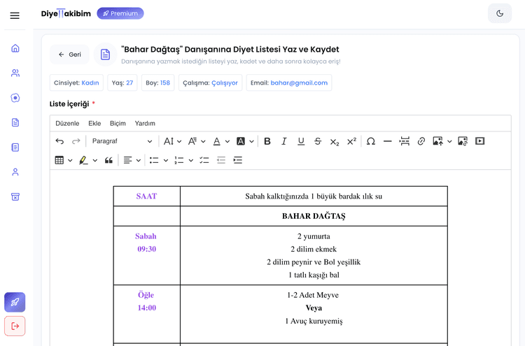 Diyet Listesi Oluşturma ve Kaydetme